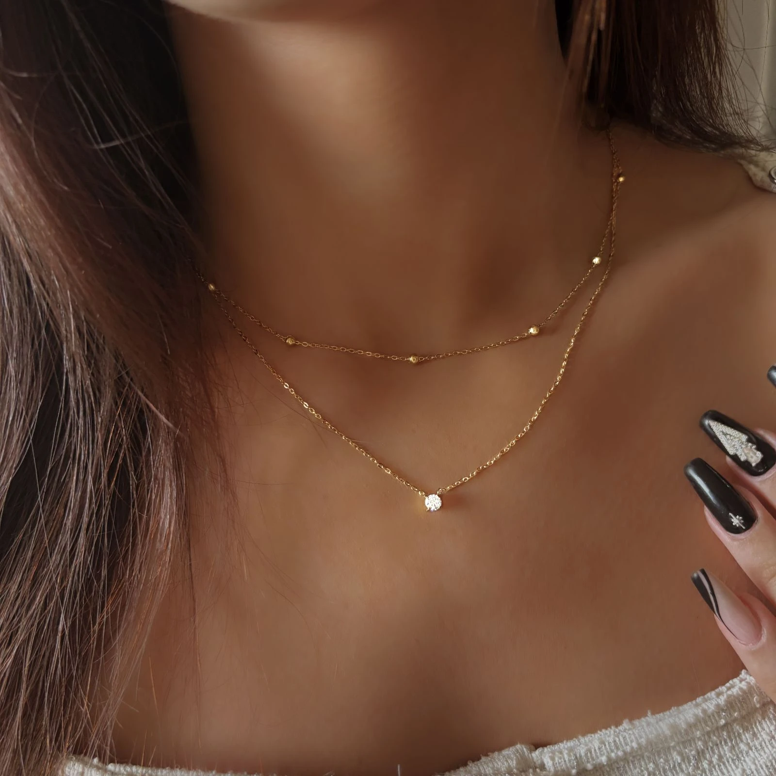 Collier double rang doré en acier inoxydable avec zircon rond